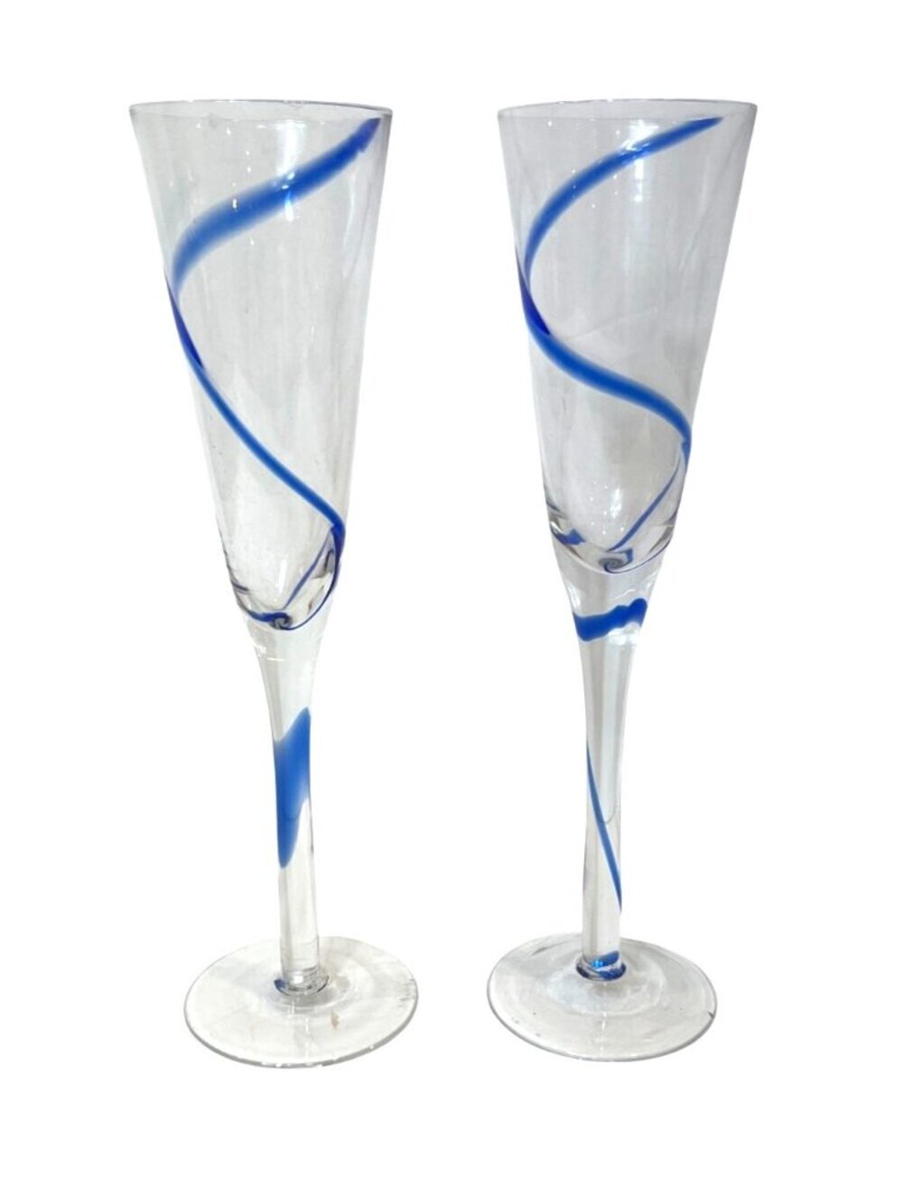 Vintage Pier 1 Fluted Champagne Flutes Swirline Cobalt Blue Glass Set Of 2 9"H